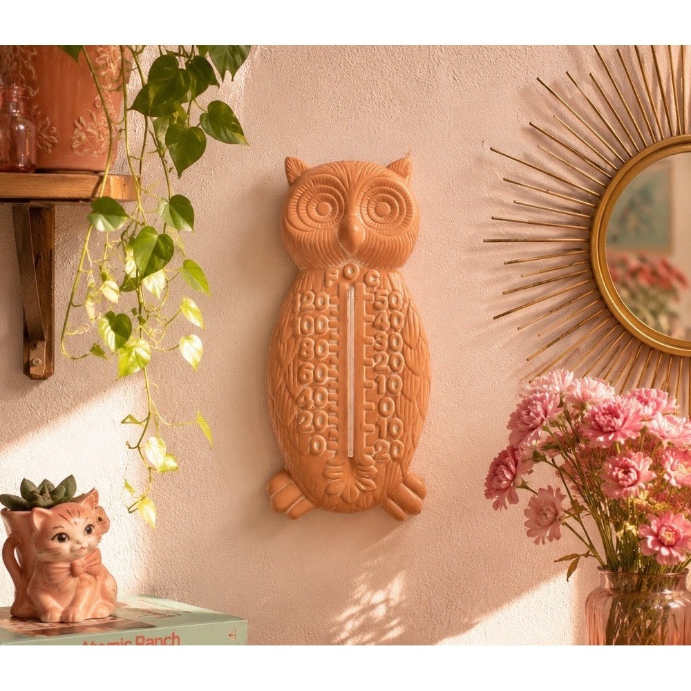 Vintage Terracotta Chalk Ceramic MCM Owl Thermometer Wall Decor 8" Retro Kitschy